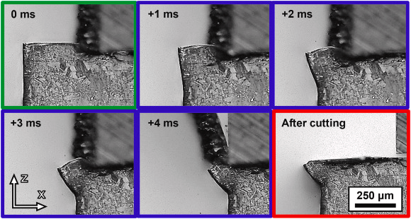 Microscale example of burr formation and plastic flow near a cutting edge